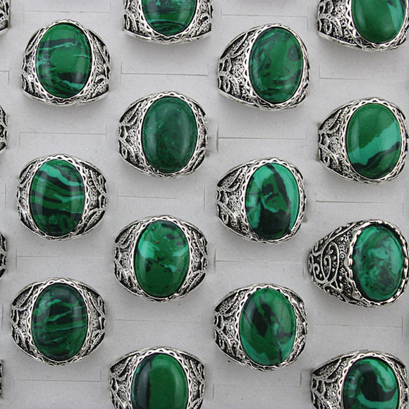HPMen's Oval Green Marbled Stone Filigree Ring - Picture 3 of 3